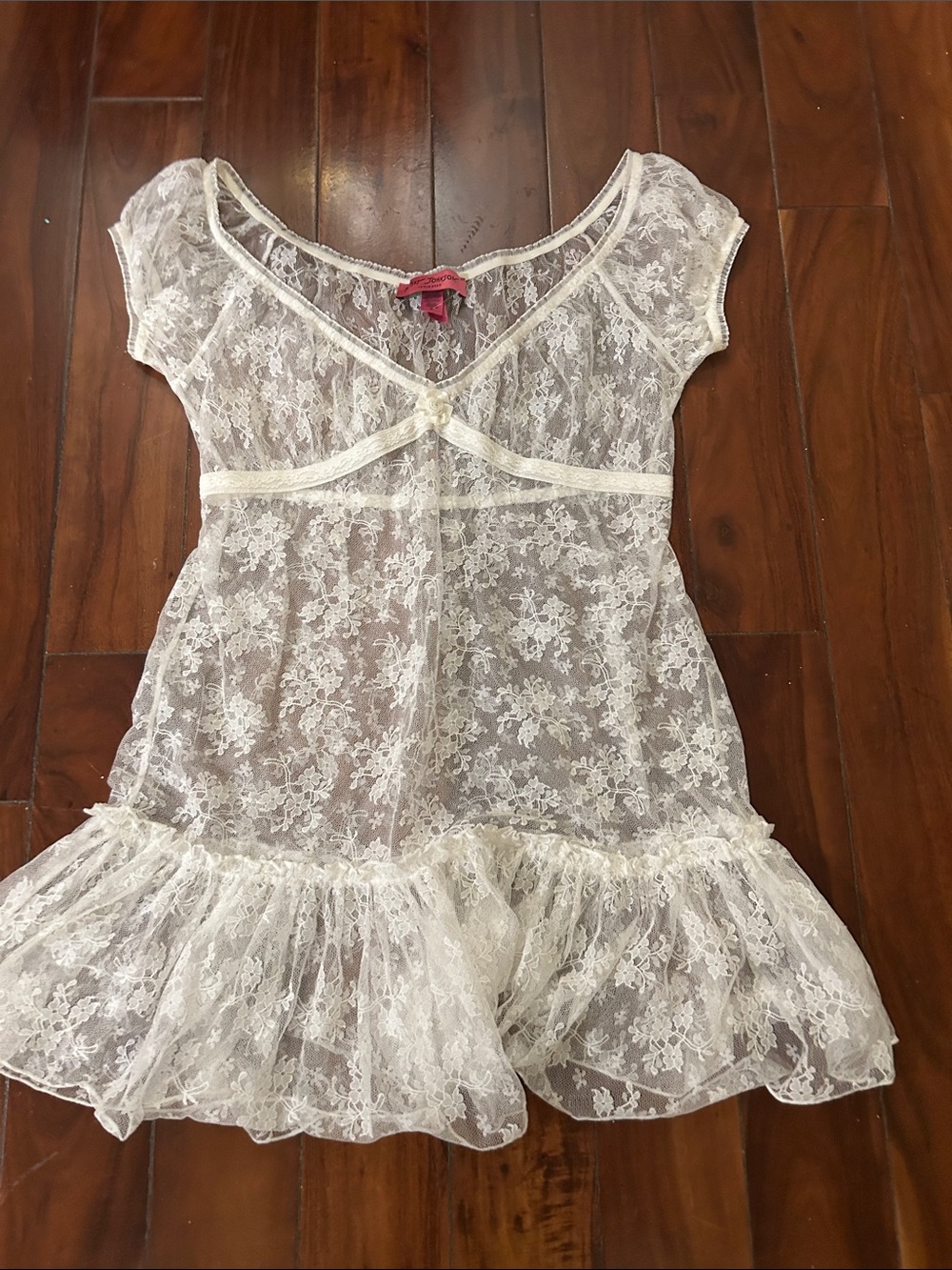 Betsey Johnson White Sheer Floral Lace Chemise with Ruffle Hem